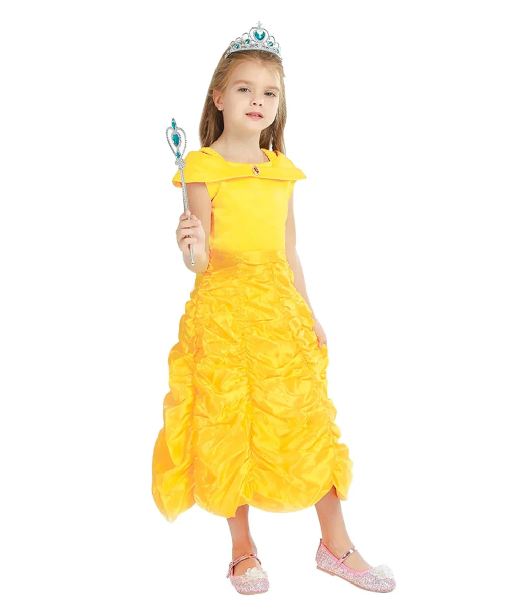 Girls Belle princess dress from Showlu Fashion Store featuring a yellow Beauty and the Beast cosplay costume with ruffles and princess details.