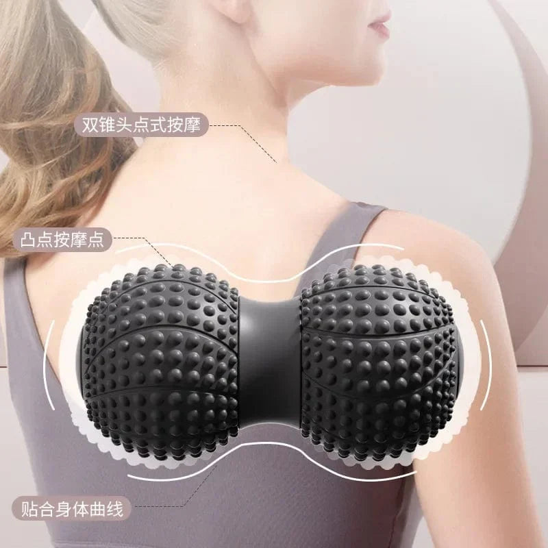 Peanut-shaped TPE muscle massage roller for back, neck, and foot relief, aiding fascia release and muscle relaxation.