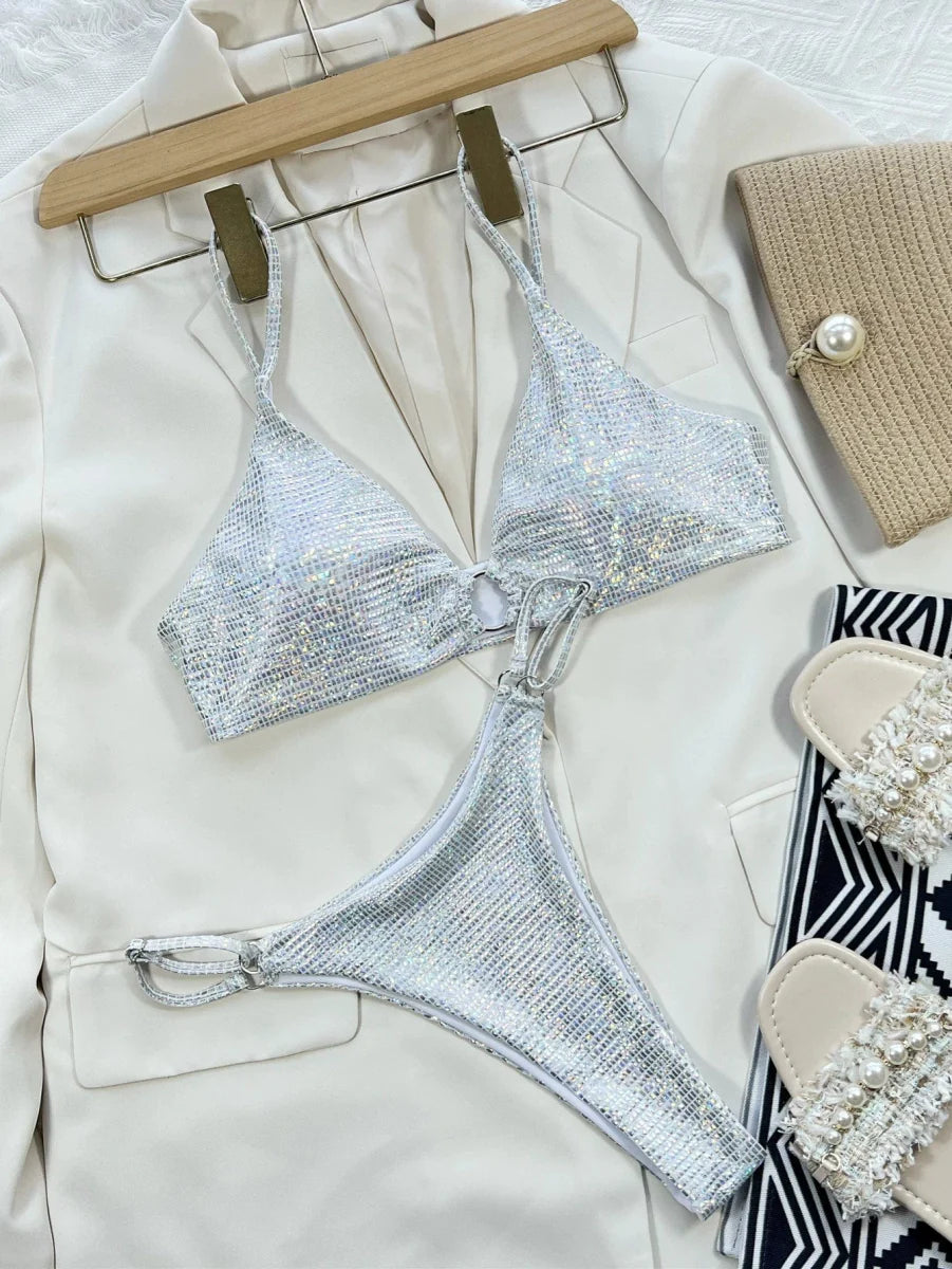 Showlu Fashion triangle bikini with nylon fabric and chest pads, featuring a sexy, stylish swimsuit design.