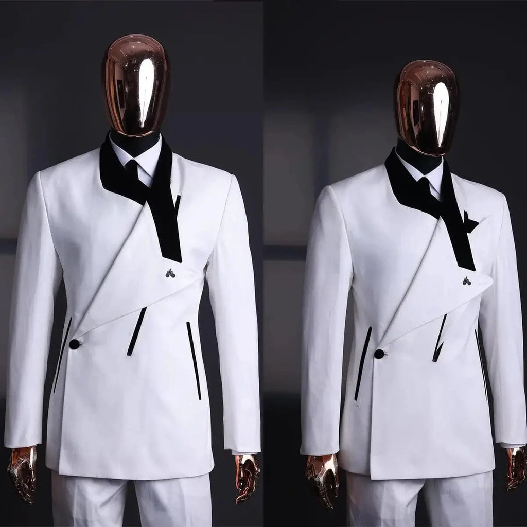 Men's slim fit suit with peaked lapel, blazer and pants, designed for formal weddings or business occasions, by Showlu Fashion.