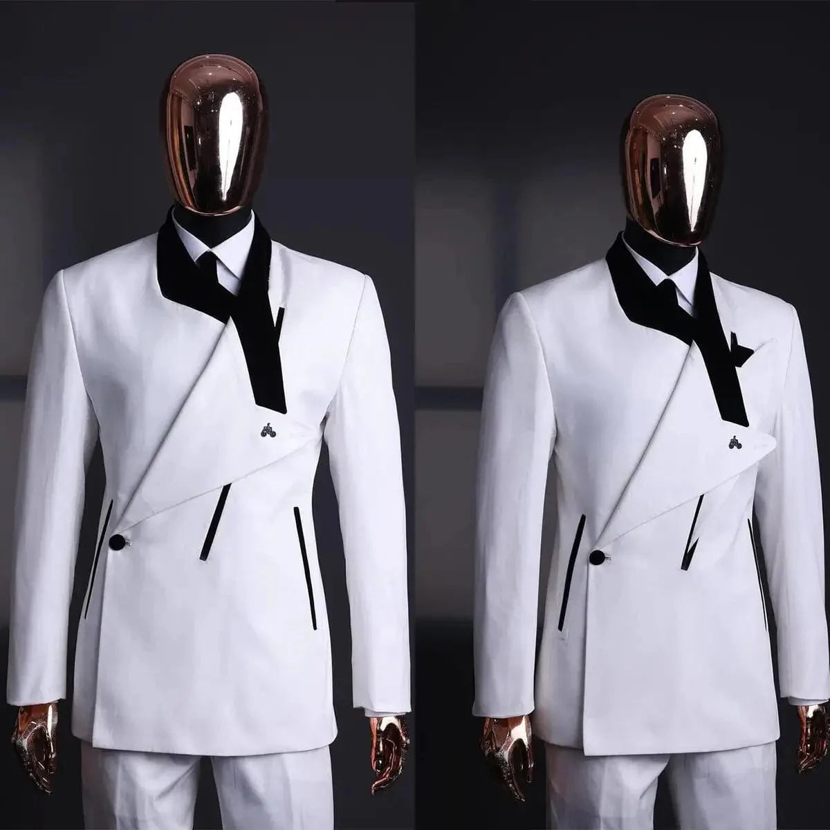 Men's slim fit suit with peaked lapel, blazer and pants, designed for formal weddings or business occasions, by Showlu Fashion.