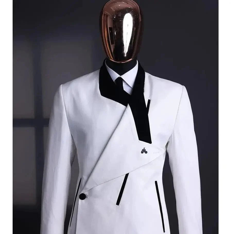 Men's slim fit 2-piece suit with peaked lapel, blazer and pants, ideal for formal weddings and business occasions.