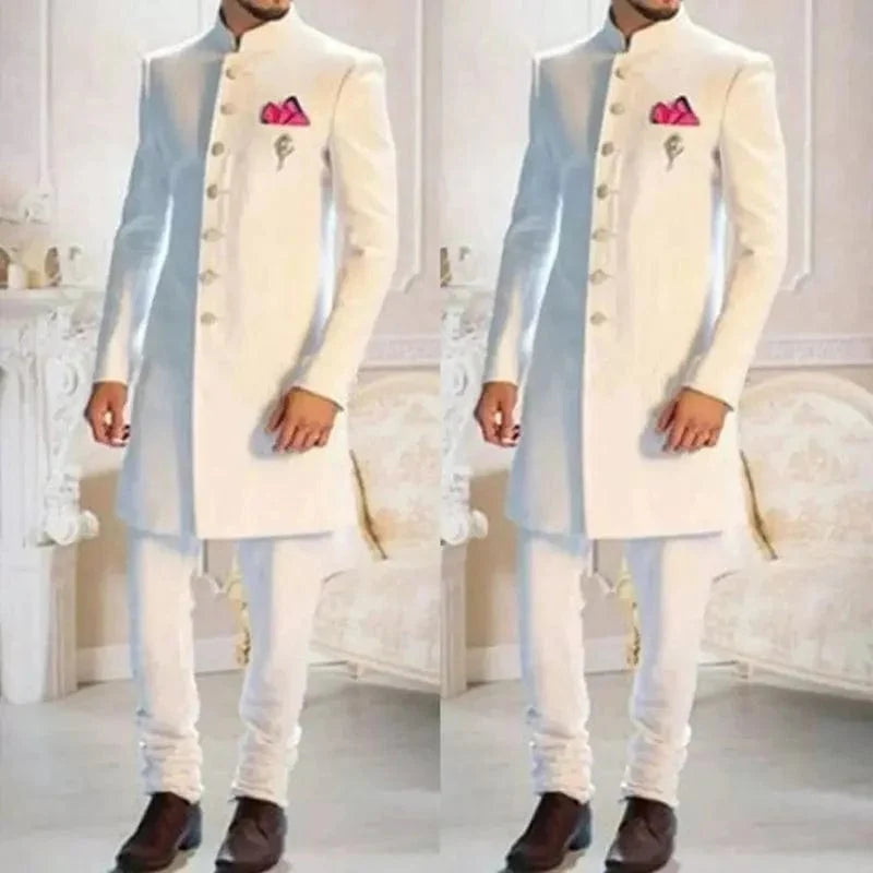 White Indian ethnic tuxedo for men, slim fit wedding suit with stand collar, single-breasted design, formal 2-piece attire.