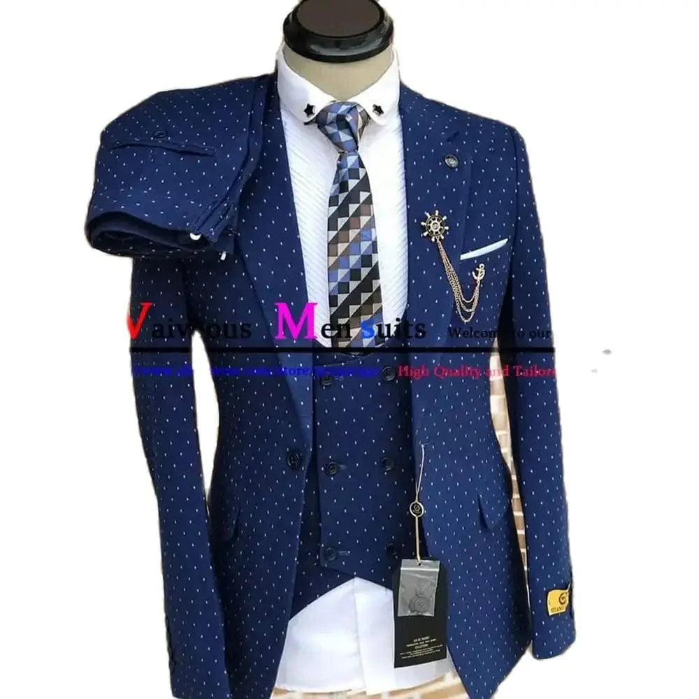 Navy blue men's 3-piece dot suit with slim fit, notch lapel blazer, vest, and pants, stylish formal tuxedo by SHOWLU FASHION STORE.