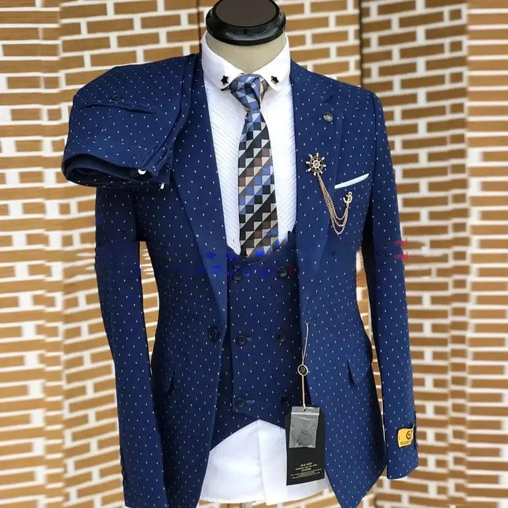 Men's navy blue dot 3-piece suit by SHOWLU FASHION, featuring slim fit blazer, vest, and pants with notch lapel for formal occasions.