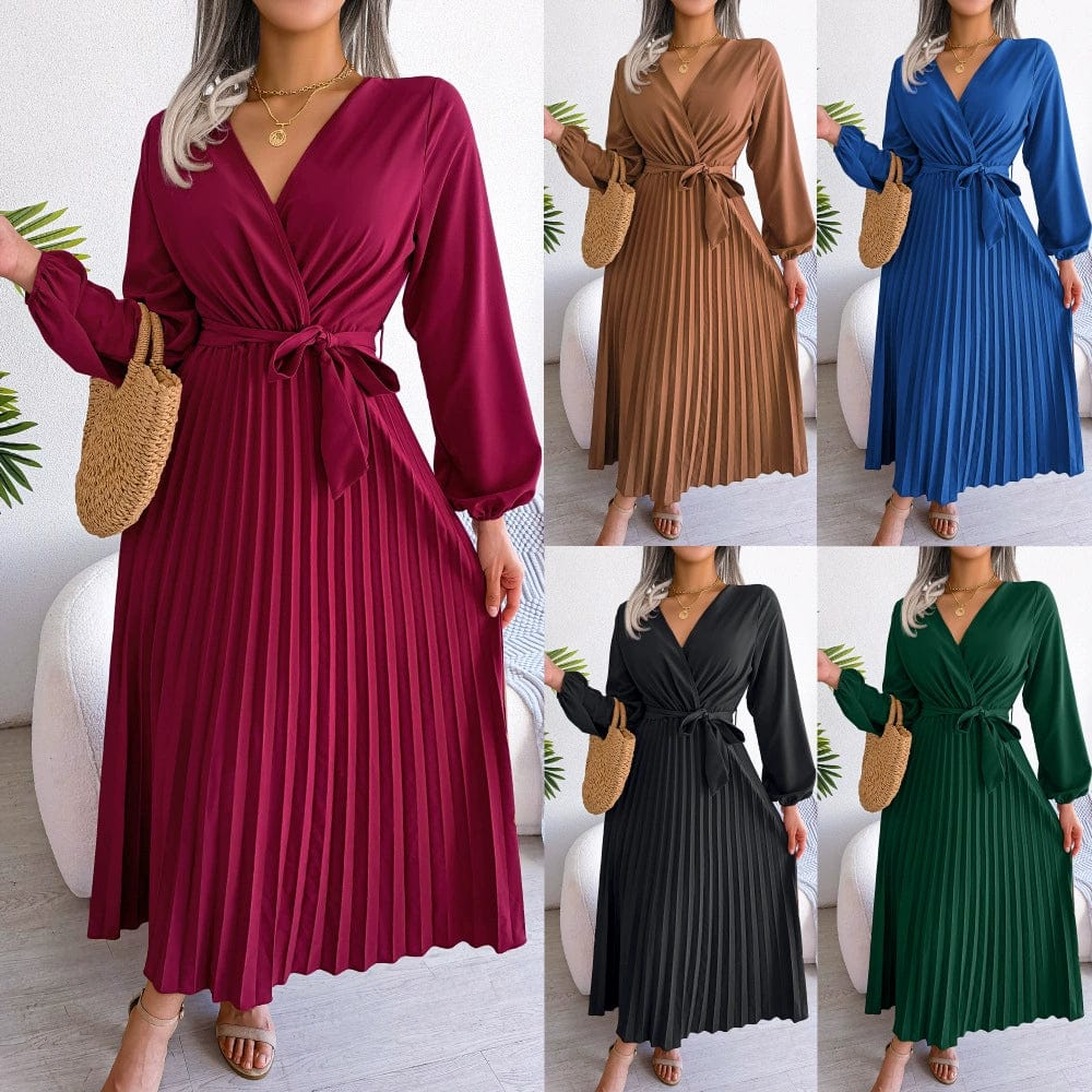 Elegant SHOWLU FASHION women's V-neck pleated maxi dress with long sleeves and A-line silhouette, featuring a flowing swing design.