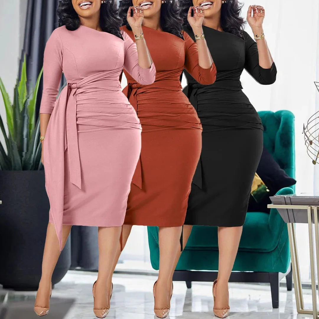 Elegant solid-color Yihddy women's bodycon midi dress with lace-up front, slim fit, and half-sleeve design for parties and office wear.