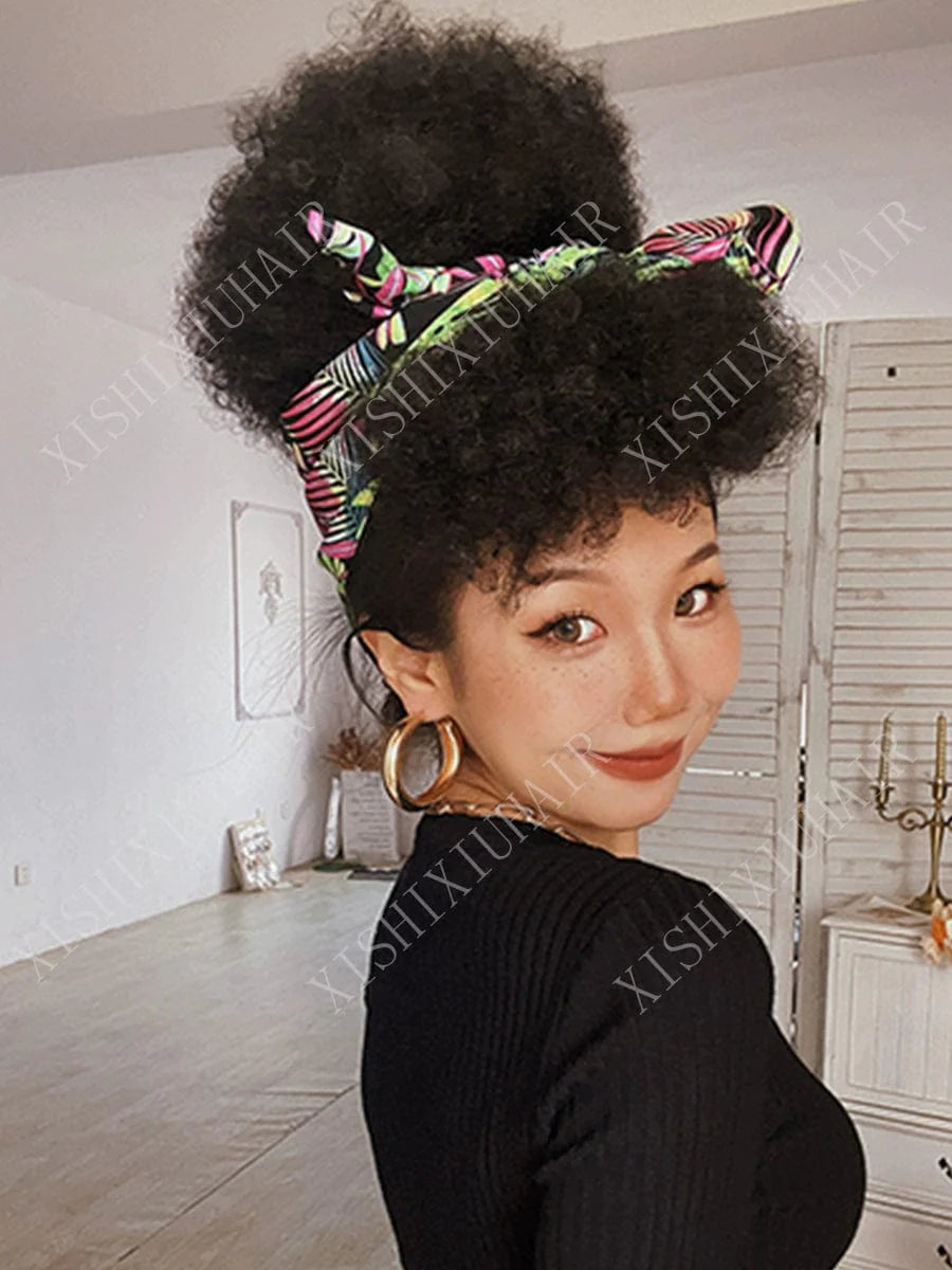SHOWLU Afro Kinky Curly Hair Bun synthetic wig piece, small roll style, natural afro texture for stylish street or nightclub looks