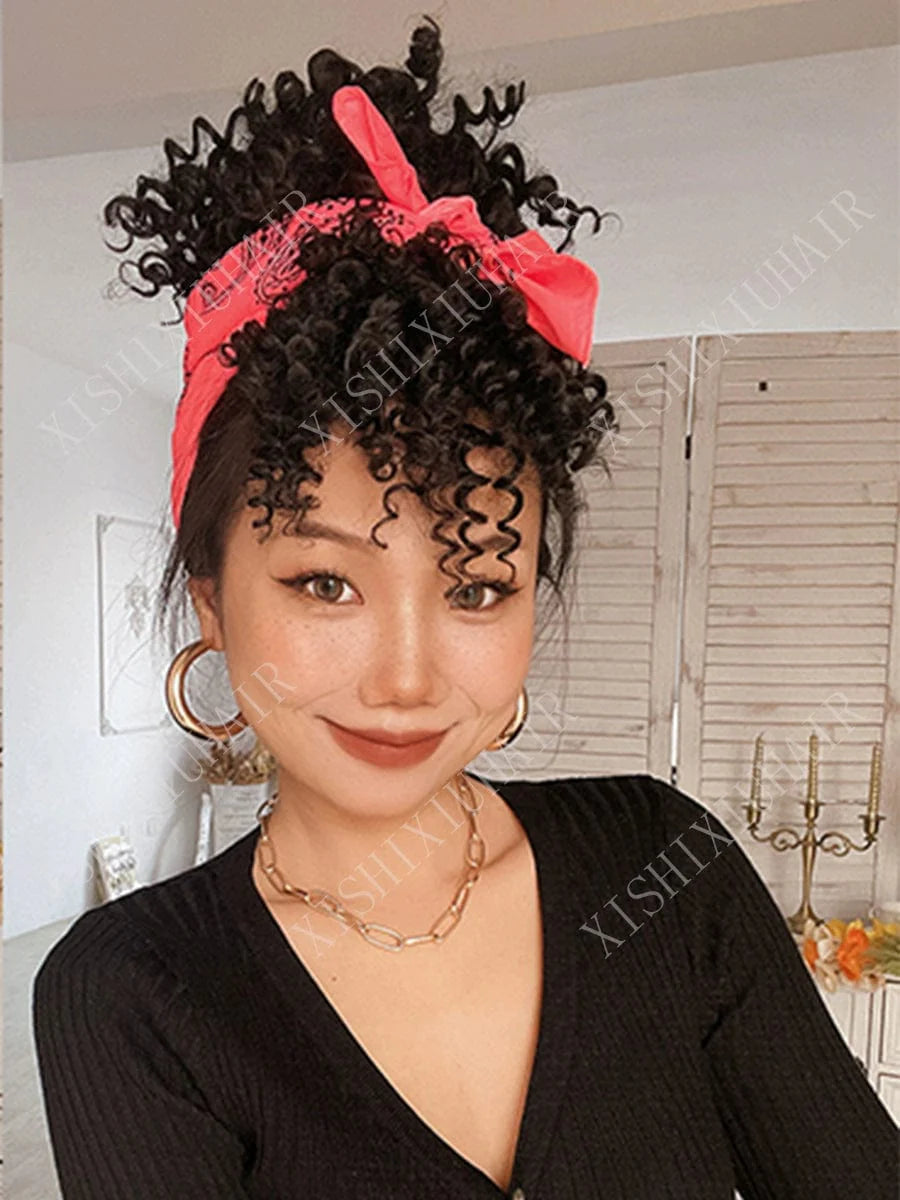 SHOWLU Afro Kinky Curly Hair Bun synthetic small wig piece styled in a curly afro for street or nightclub fashion.