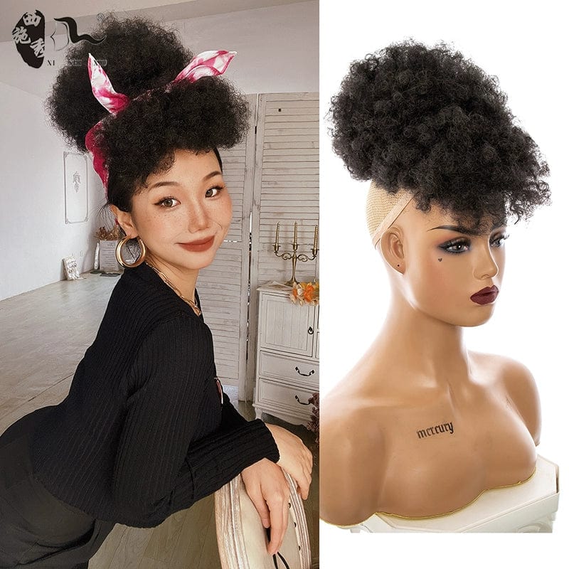 SHOWLU Afro Kinky Curly Hair Bun synthetic small roll wig piece, styled for a fashionable, kinky curly, afro-inspired look.