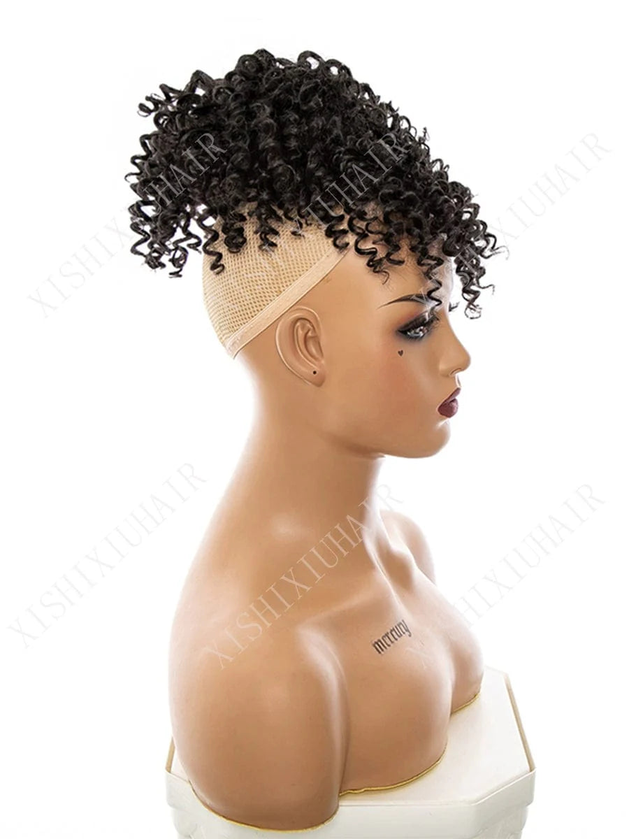 SHOWLU Afro Kinky Curly Hair Bun synthetic wig piece with small roll design, ideal for street fashion, nightlife, and stylish looks.