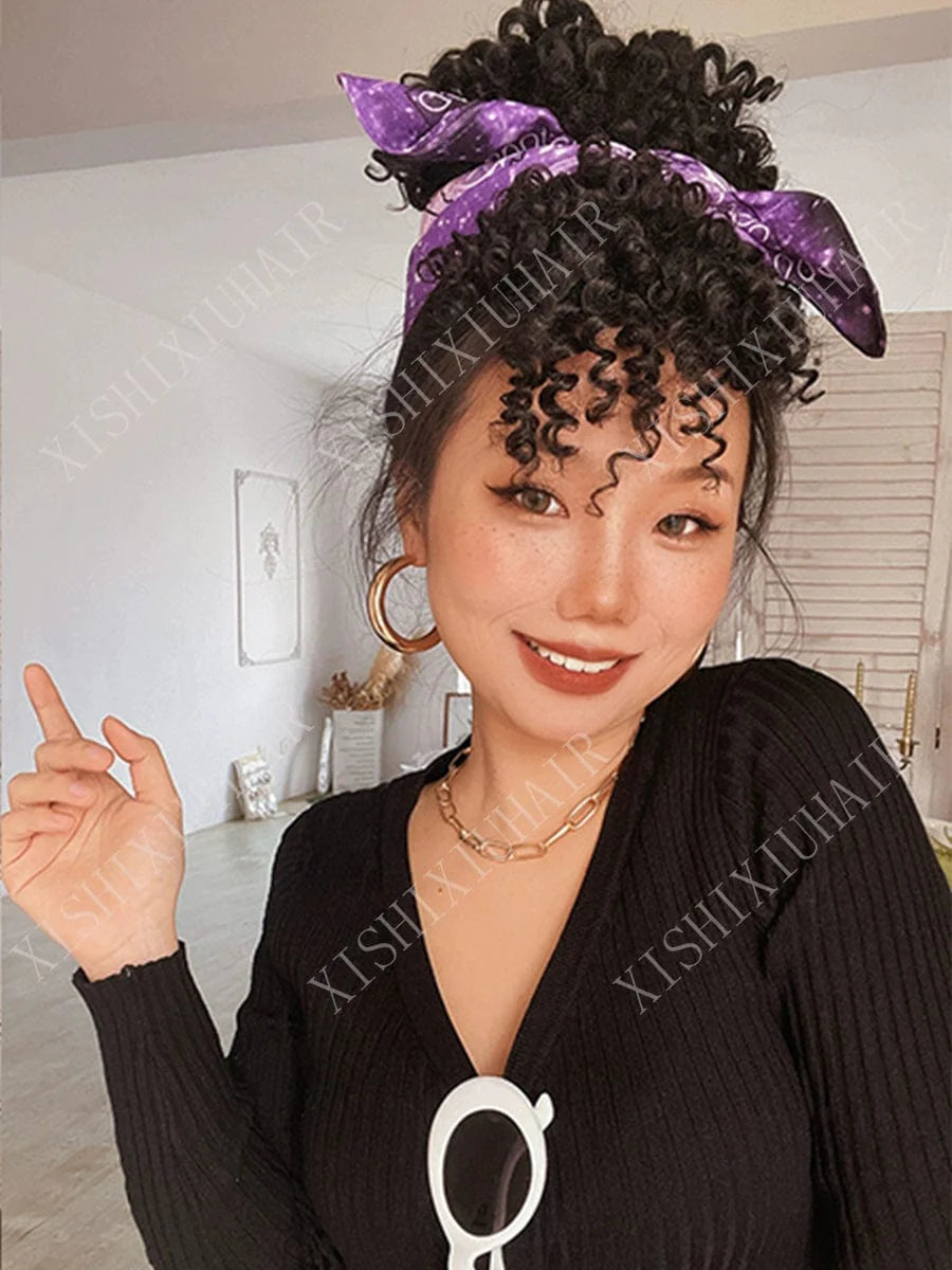 SHOWLU Afro Kinky Curly Hair Bun synthetic small roll wig piece, natural black afro style for street or nightclub fashion