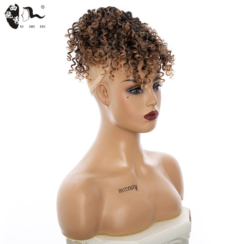 SHOWLU Afro Kinky Curly Hair Bun synthetic small roll wig piece worn by a model, perfect for stylish street or nightclub looks.