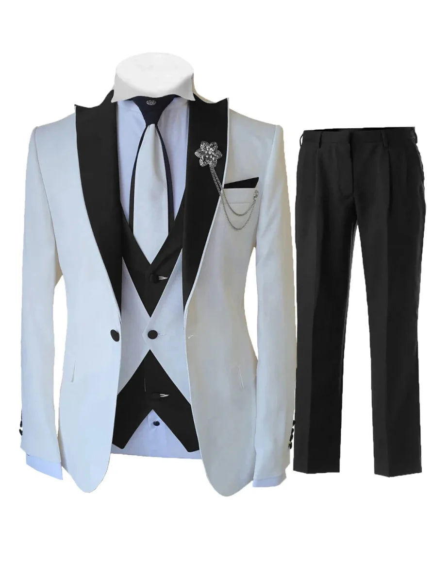 Men's white 3-piece slim fit tuxedo suit by SHOWLU FASHION STORE, includes jacket, vest, and pants for formal weddings or events.