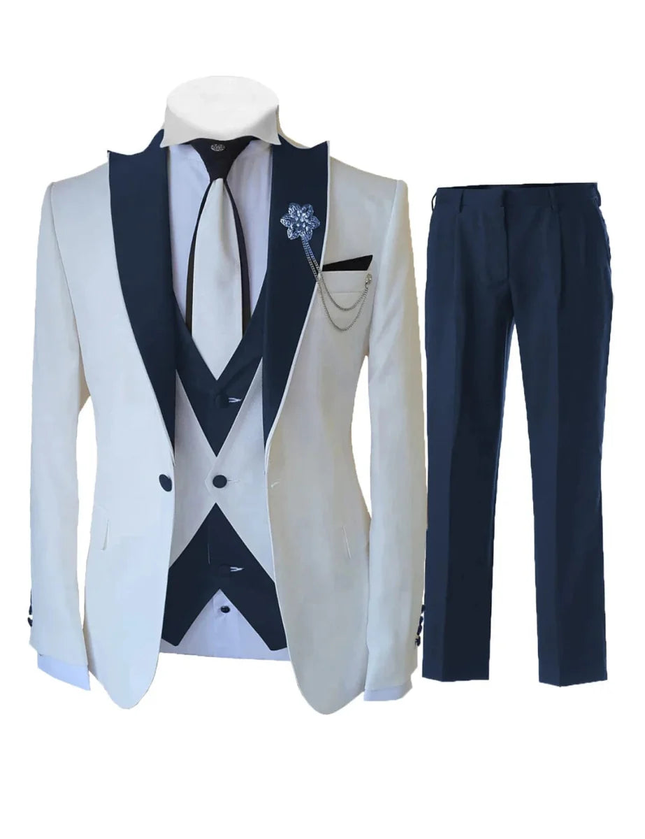 Men's white 3-piece slim fit tuxedo suit with jacket, vest, and pants, made from wool blend for formal weddings and special occasions.