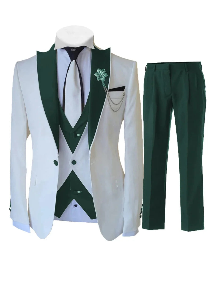 Men's white slim fit tuxedo suit by SHOWLU FASHION STORE, 3-piece wool blend wedding set with jacket, vest, and pants.