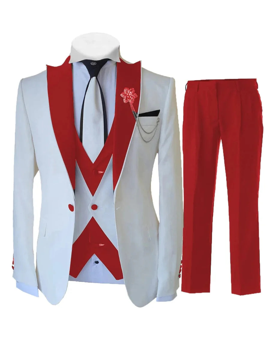 Men's white 3-piece slim fit tuxedo suit with jacket, vest, and pants, tailored for formal weddings and special occasions.