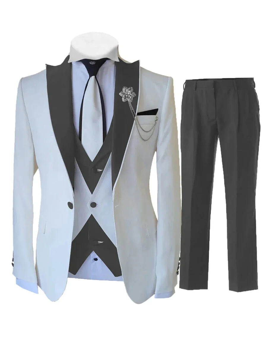 Men's white 3-piece slim fit tuxedo suit with jacket, vest, and pants, made from wool blend for formal weddings or special occasions.