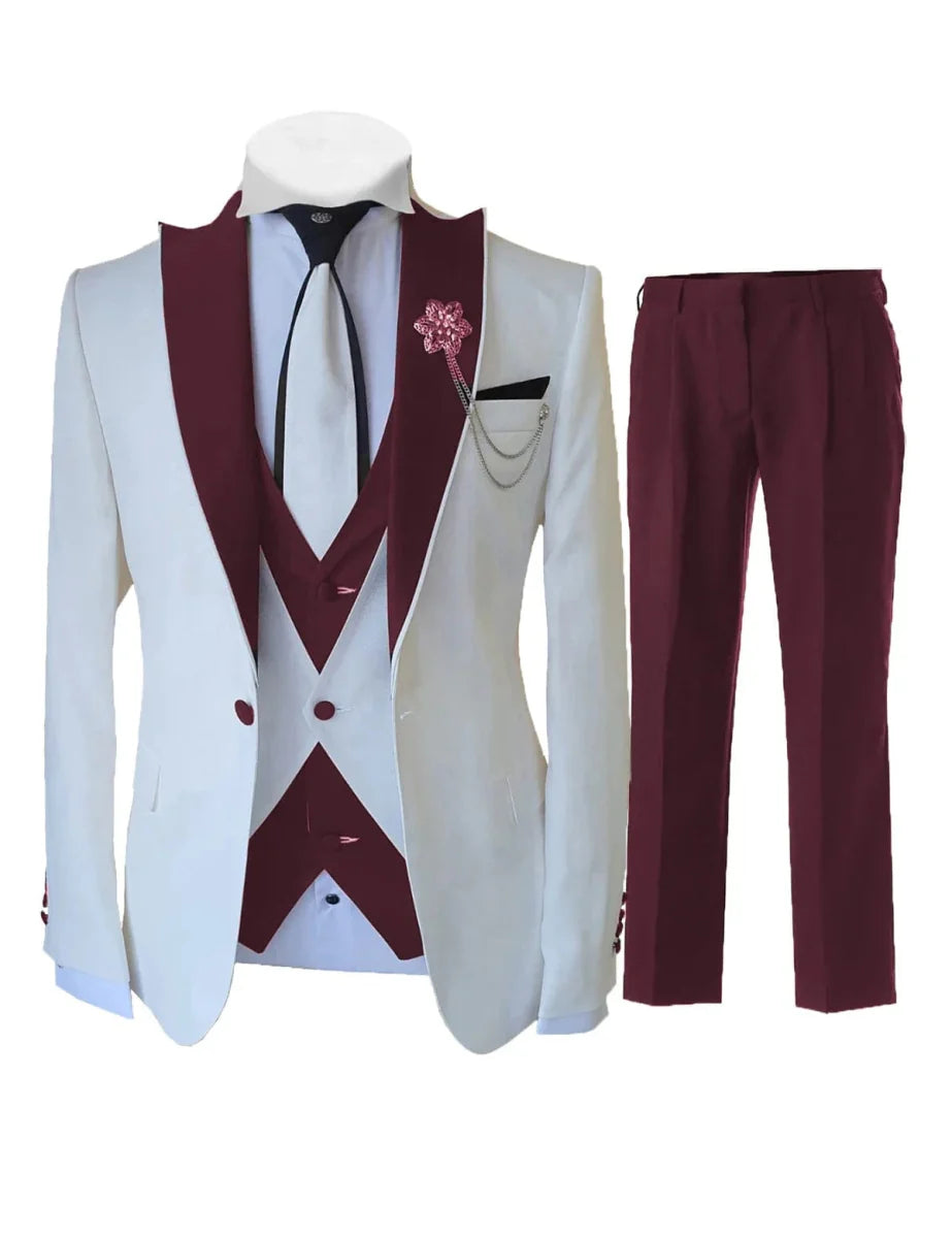 Men's white 3-piece slim fit tuxedo suit by SHOWLU FASHION STORE, featuring tailored jacket, vest, and pants for formal weddings.