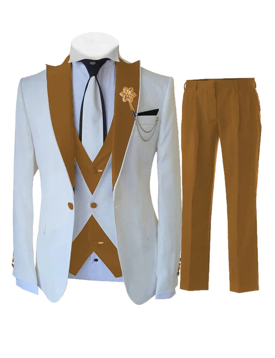 Men's white 3-piece slim fit tuxedo suit with jacket, vest, and pants, made of wool blend, ideal for wedding and formal events.