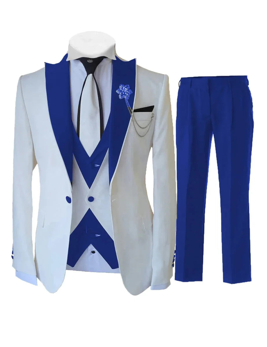 Men's white 3-piece slim fit tuxedo suit with tailored jacket, vest, and pants, ideal for weddings and formal occasions.