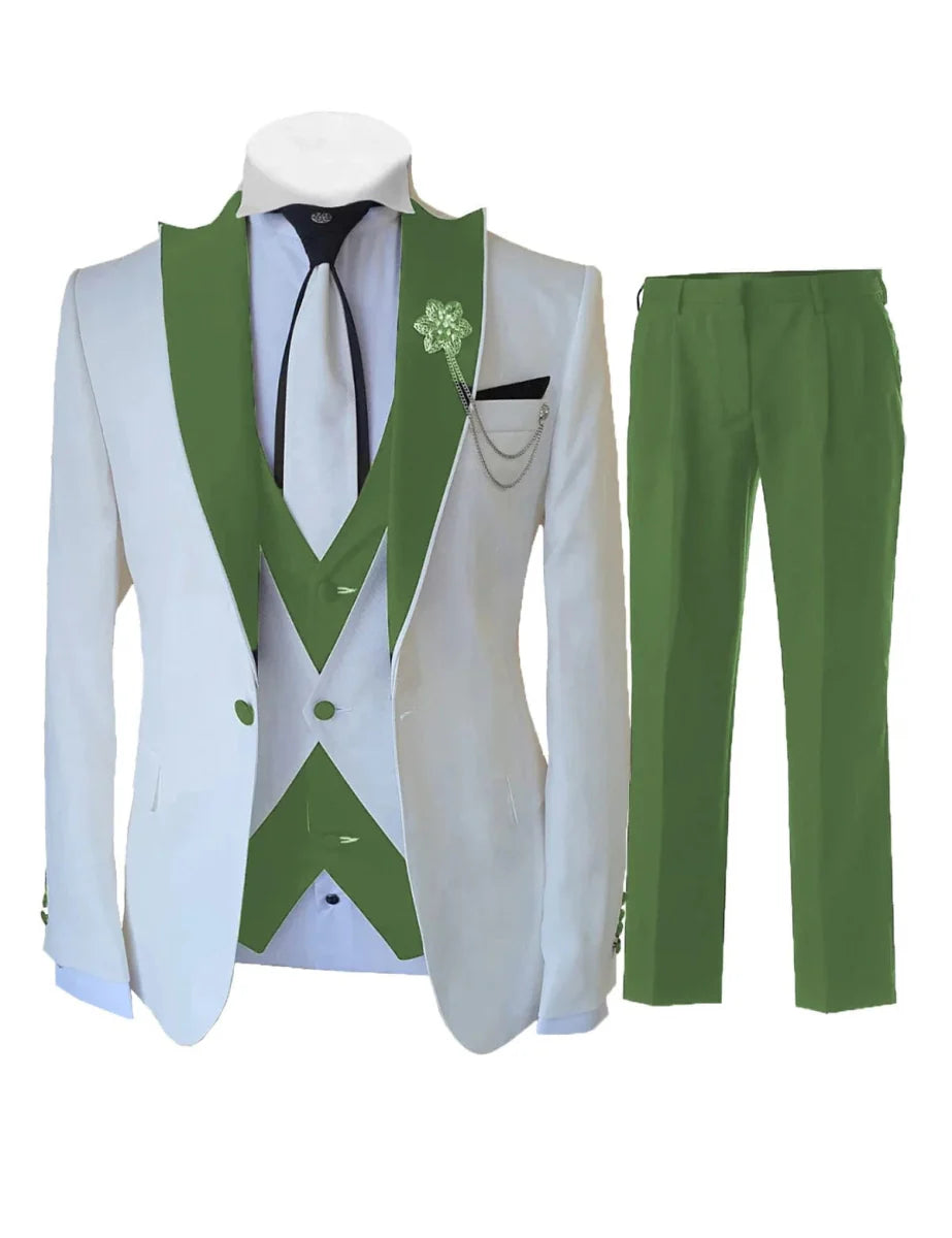 Men's white 3-piece slim fit tuxedo suit with jacket, vest, and pants, made from wool blend for formal weddings or events.