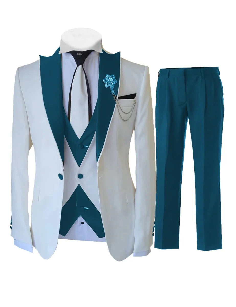 Men's white 3-piece slim fit tuxedo suit by SHOWLU FASHION STORE, includes jacket, vest, and pants for formal weddings or events.