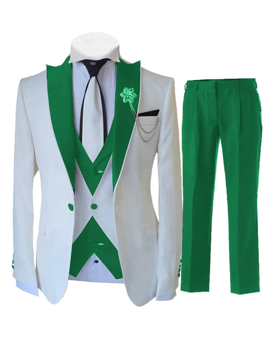 White men's 3-piece slim fit tuxedo suit by SHOWLU FASHION STORE featuring a jacket, vest, and pants, perfect for formal weddings.