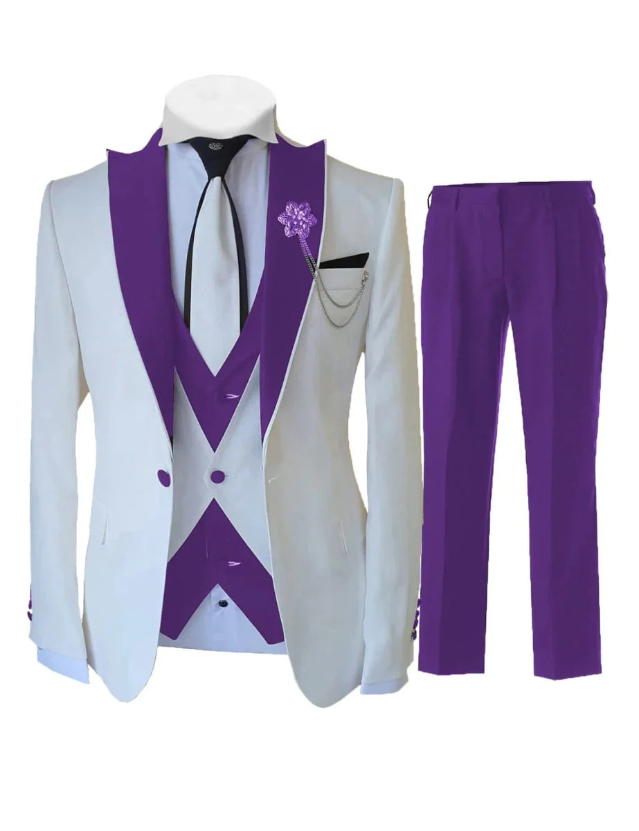 Men's white 3-piece slim fit tuxedo suit with jacket, vest, and pants, made from wool blend, perfect for formal weddings and events.