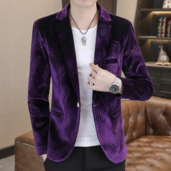 Fashion Men Luxury Gold Velvet Suit Jacket Blue / Khaki / Purple Male Trend Wedding Prom Party Slim Fit Dress Blazers Coats - SHOWLU FASHION STORE