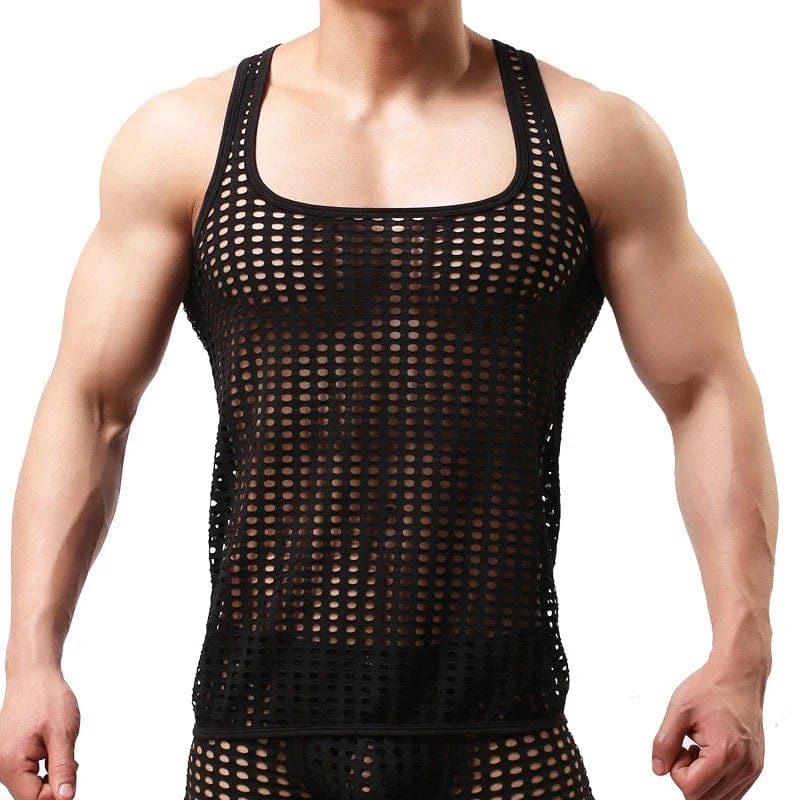 Men's breathable mesh tank top with hollow out design, sleeveless see-through party vest, from SHOWLU FASHION STORE.