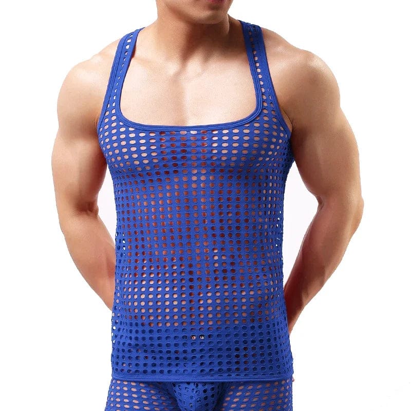 Men's mesh tank top from SHOWLU FASHION STORE, breathable hollow-out see-through sleeveless vest for party and casual wear.