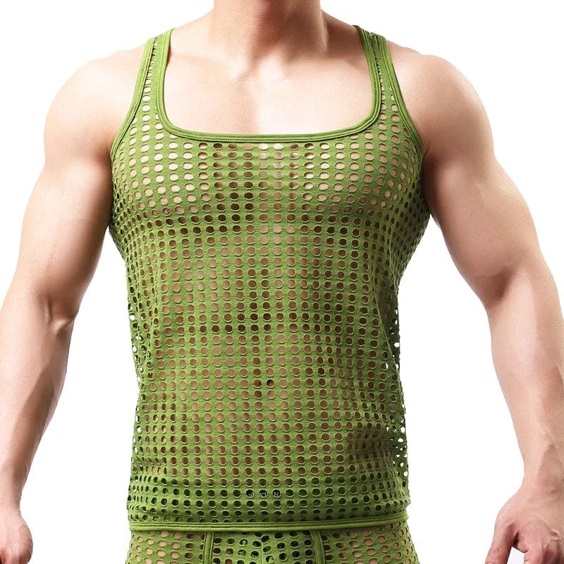 Men's breathable mesh tank top with hollow-out design, sleeveless see-through party vest by SHOWLU FASHION STORE.