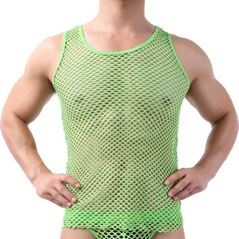 Men's breathable mesh tank top with hollow out design, sleeveless see-through party vest, by SHOWLU FASHION STORE.
