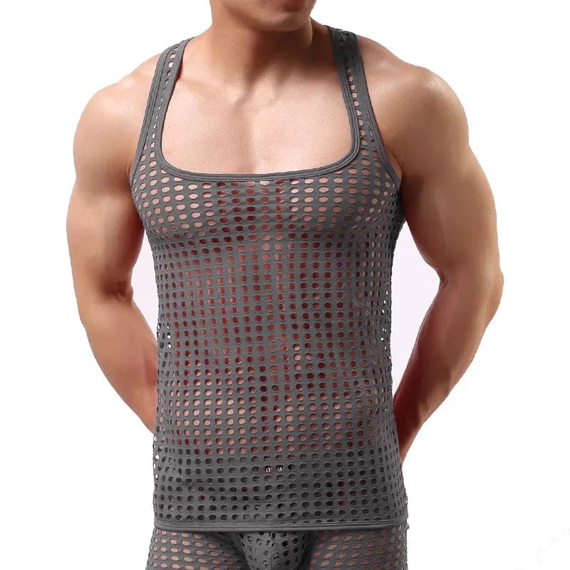 Men's breathable mesh tank top from SHOWLU FASHION STORE, featuring a hollow out, see-through design for party and casual wear.