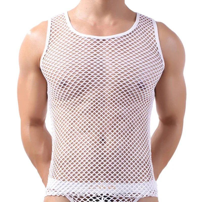 Men's breathable mesh tank top with hollow out design, sleeveless see-through party vest, stylish O-neck shirt from SHOWLU FASHION STORE.