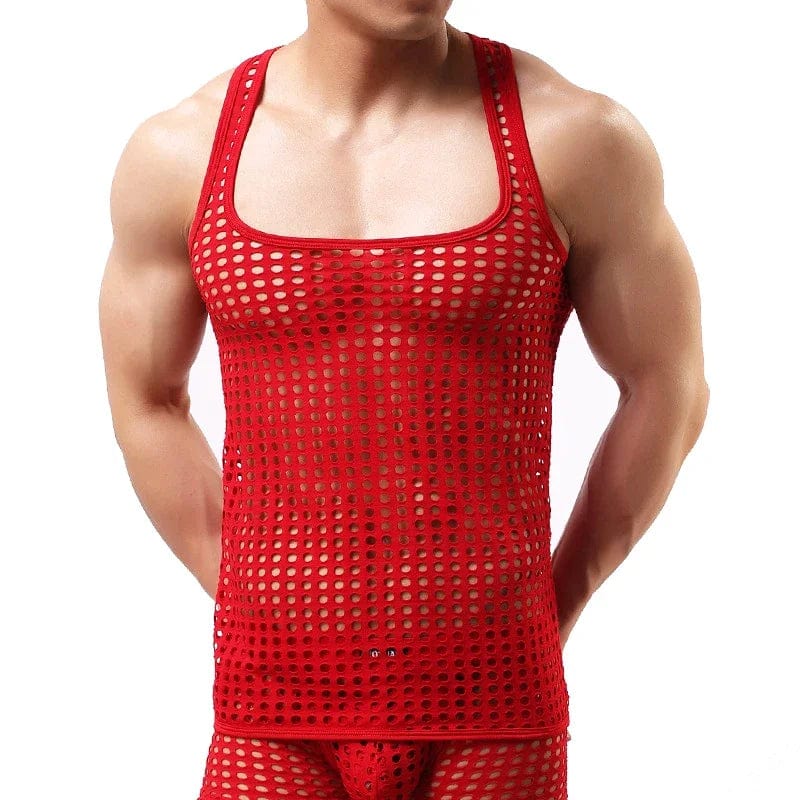 Men's breathable mesh tank top with hollow-out design, sleeveless see-through party vest by SHOWLU FASHION STORE.