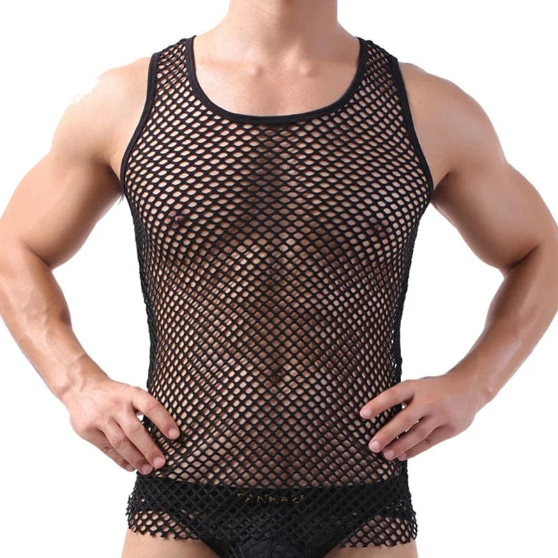 Men's breathable mesh tank top with hollow out design, sleeveless see-through party vest by SHOWLU FASHION STORE.
