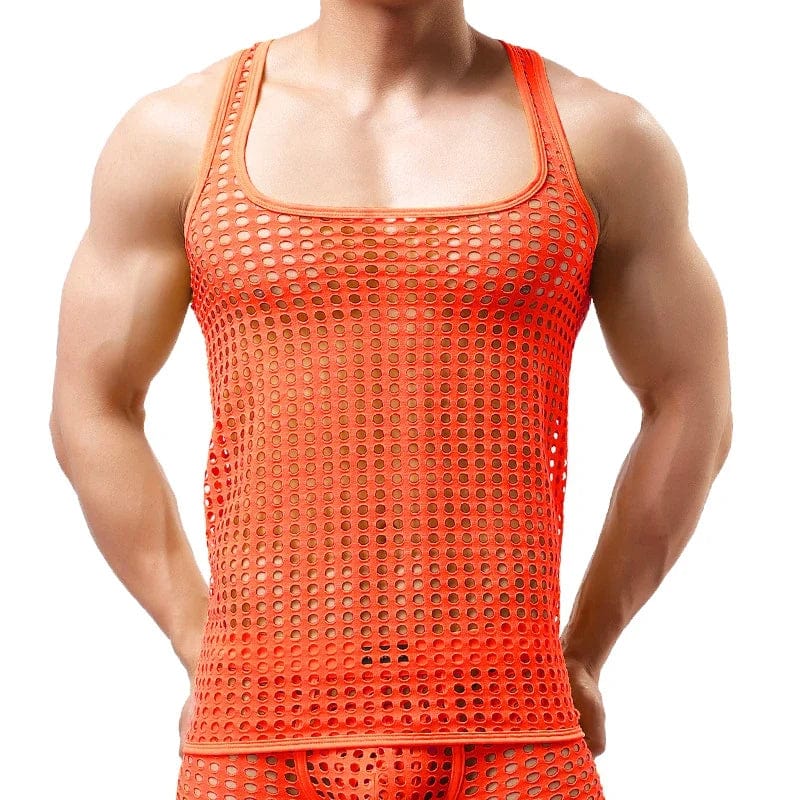 Men's mesh tank top by SHOWLU FASHION STORE, breathable hollow-out see-through sleeveless party vest with O-neck design.