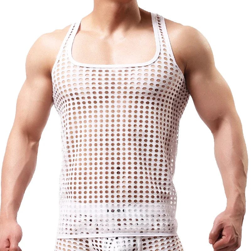 Men's breathable mesh tank top from SHOWLU FASHION STORE, sleeveless hollow-out see-through party vest with O-neck design.