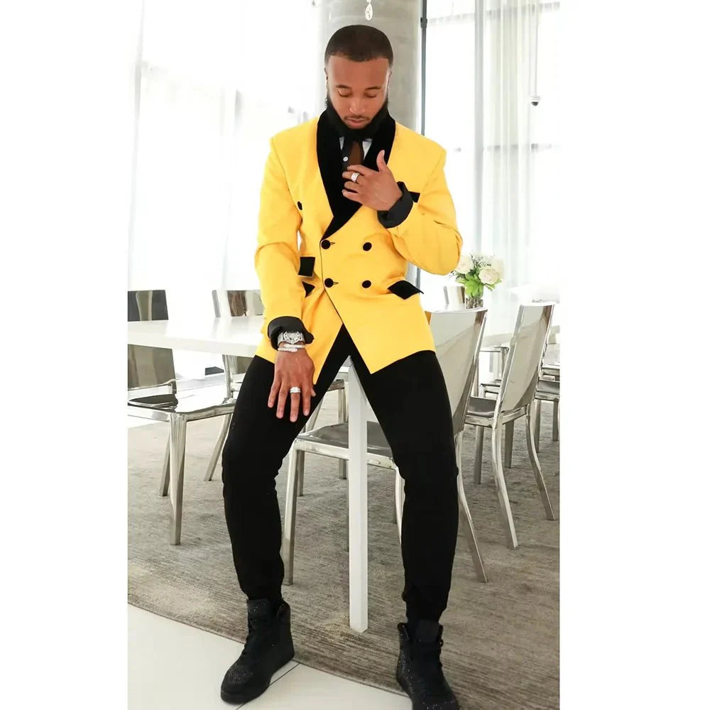 Men's slim fit velvet blazer by Showlu with double-breasted shawl lapel, elegant design, suitable for prom, wedding, or formal events.
