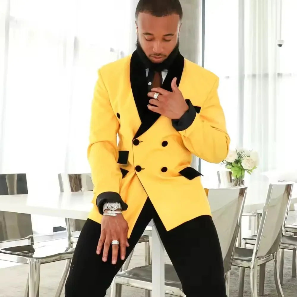 Showlu men's slim fit velvet blazer with double-breasted design and shawl lapel, perfect for formal events and parties.