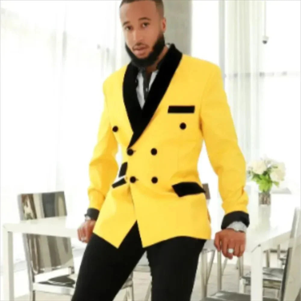 Showlu men's slim fit velvet blazer with double-breasted shawl lapel, elegant suit jacket for formal occasions and parties.