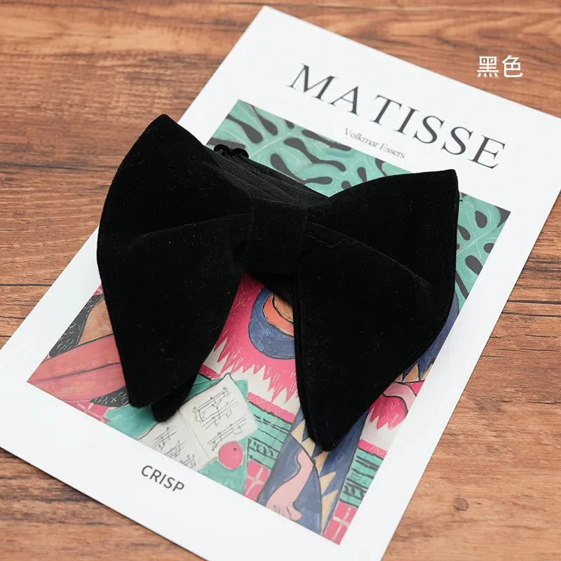 Black velvet oversized bow tie and pocket square set for tuxedos, featuring red, navy, white, and green accents by SHOWLU FASHION STORE