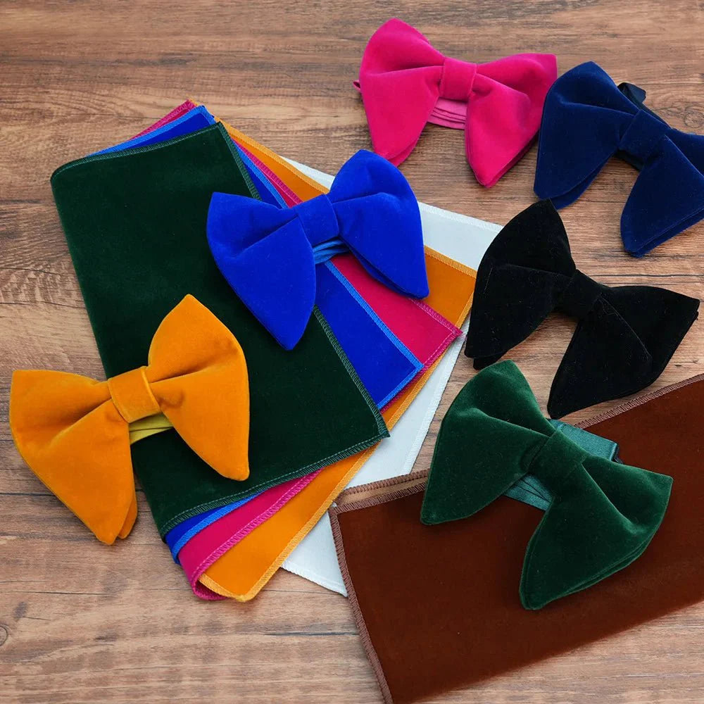 Black velvet oversized bow tie and pocket square set for tuxedos, with red, navy, white, and green accents, by SHOWLU FASHION STORE.