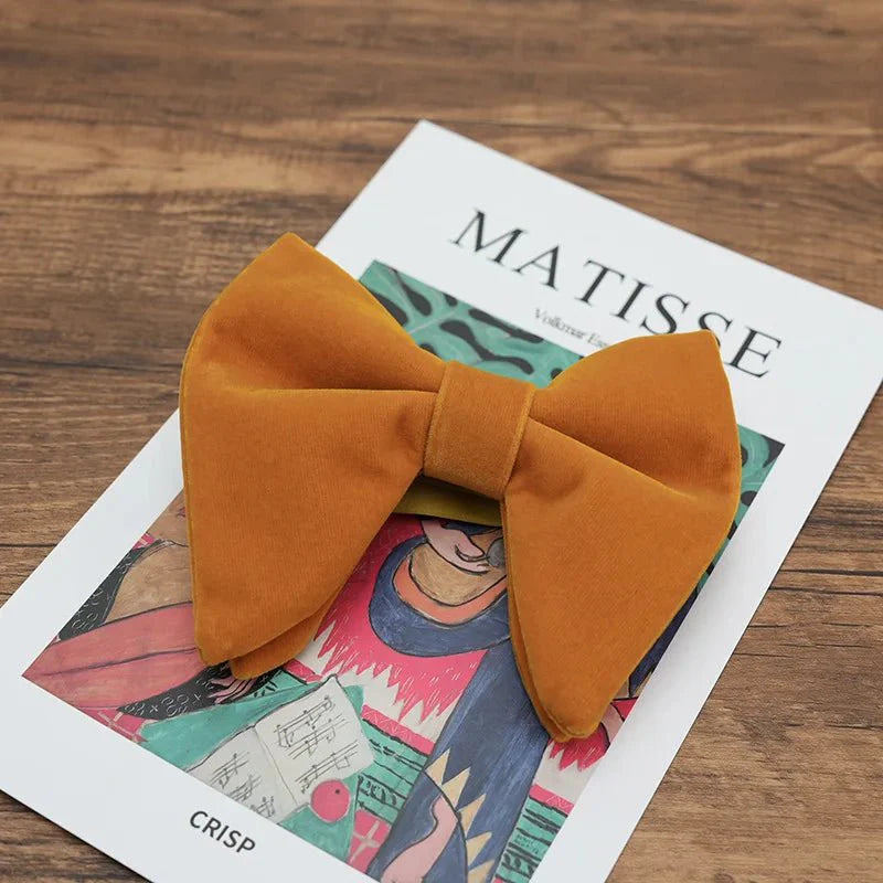Velvet oversized bow tie and pocket square set for tuxedos, featuring black, red, navy, white, and green handkerchief accents.