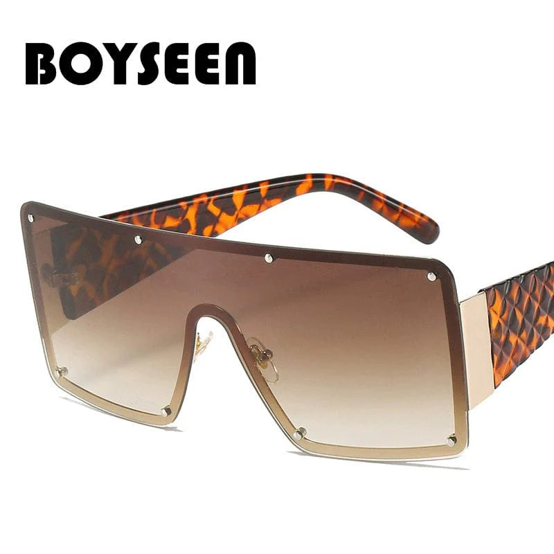 Large rim unisex BOYSEEN sunglasses with wide-brimmed lens, modern retro style, fashionable for women and men.