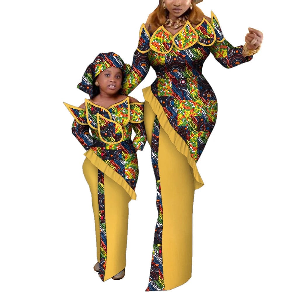 Matching mom and daughter Ankara maxi dresses in vibrant African wax print cotton, stylish family clothing by SHOWLU FASHION STORE