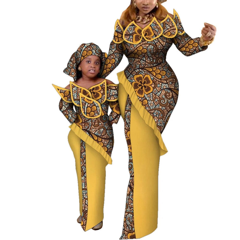 Mom and daughter wearing matching Xiaohuagua Ankara African wax print maxi dresses by SHOWLU FASHION STORE, featuring vibrant cotton fabric.