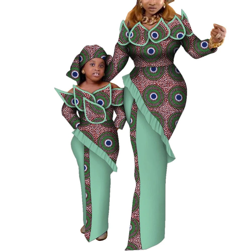 Matching family maxi dresses in colorful Ankara African wax print by SHOWLU FASHION STORE, featuring cotton fabric for women and girls.